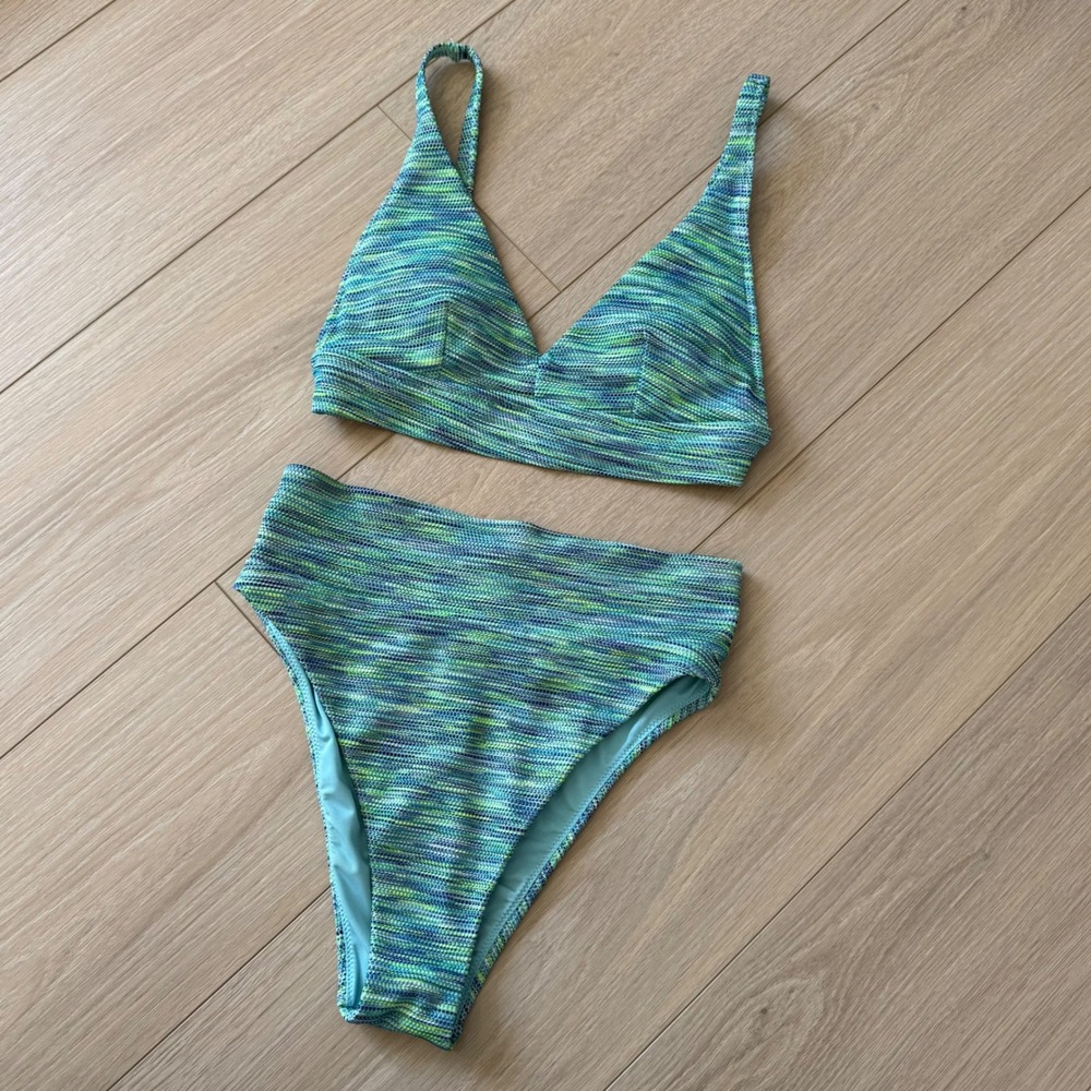 Aerie Blue Green Space Dye Texture Scoop Bikini Top High Cut Cheeky Bottom Set S